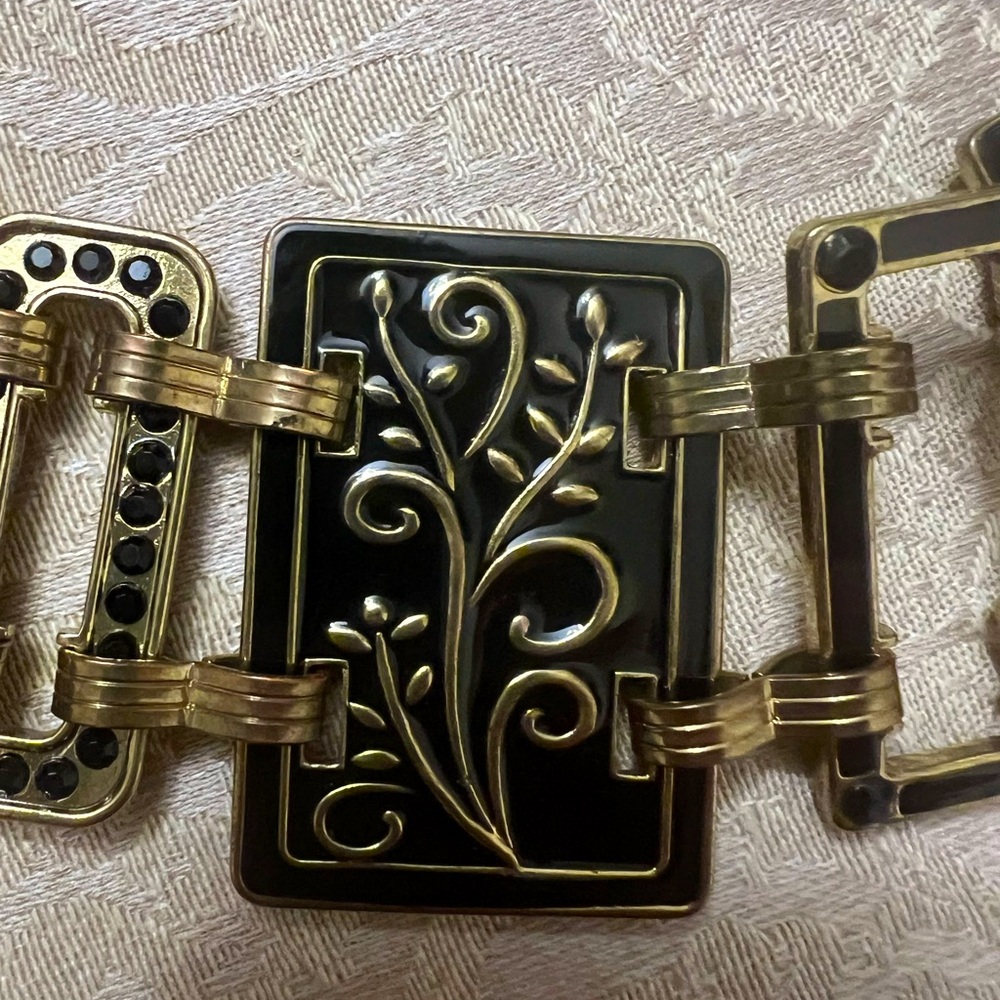 Vintage art deco belt gold & black floral geometric chain adjustable boho EUC - Picture 9 of 14